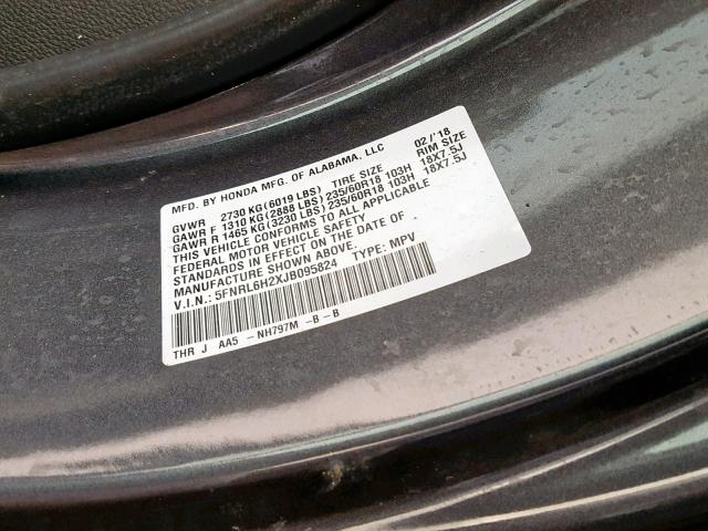 5FNRL6H2XJB095824 - 2018 HONDA ODYSSEY LX GRAY photo 10