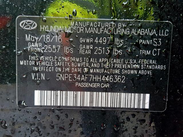 5NPE34AF7HH446362 - 2017 HYUNDAI SONATA SPO BLACK photo 10