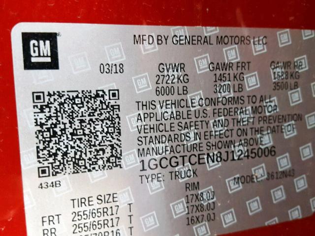 1GCGTCEN8J1245006 - 2018 CHEVROLET COLORADO L RED photo 10