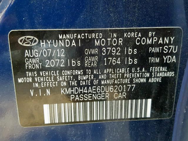 KMHDH4AE6DU620177 - 2013 HYUNDAI ELANTRA GL BLUE photo 10