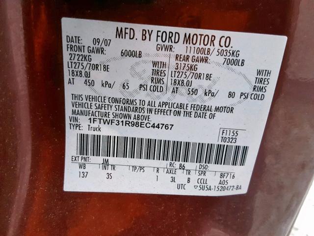 1FTWF31R98EC44767 - 2008 FORD F350 SRW S MAROON photo 10