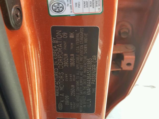 KNAFW4A36A5140385 - 2010 KIA FORTE SX ORANGE photo 10