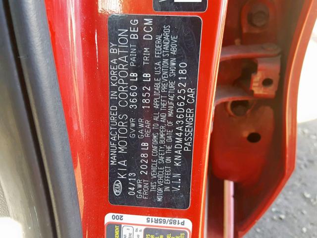 KNADM4A36D6252180 - 2013 KIA RIO LX RED photo 10