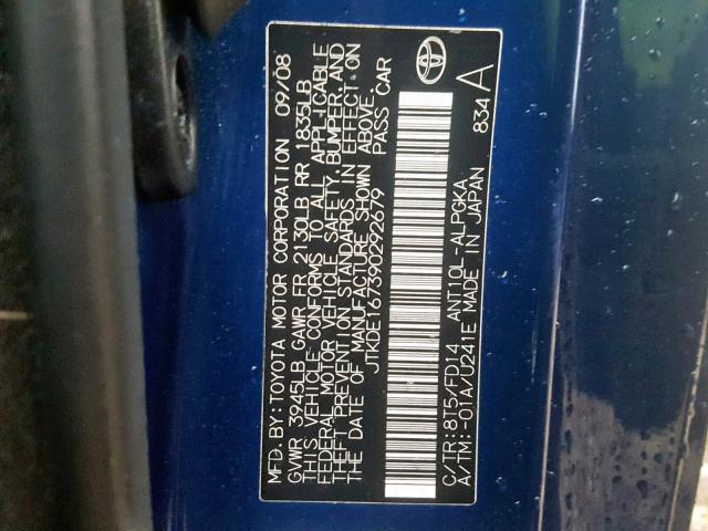 JTKDE167390292679 - 2009 TOYOTA SCION TC Mavi foto 10