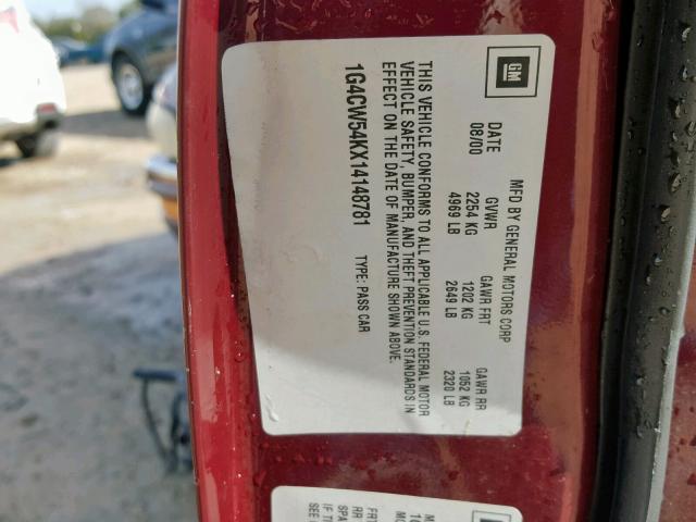 1G4CW54KX14148781 - 2001 BUICK PARK AVENU MAROON photo 10