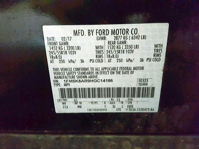 1FM5K8AR9HGC14186 - 2017 FORD EXPLORER P BLACK photo 10