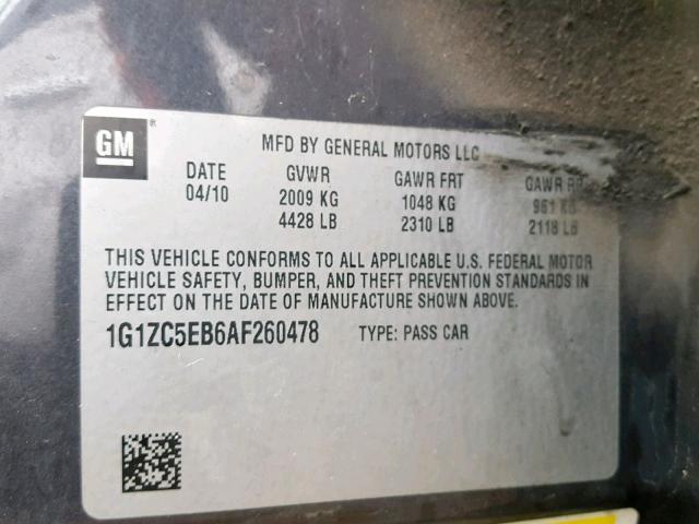 1G1ZC5EB6AF260478 - 2010 CHEVROLET MALIBU 1LT ნაცრისფერი ფოტო 10