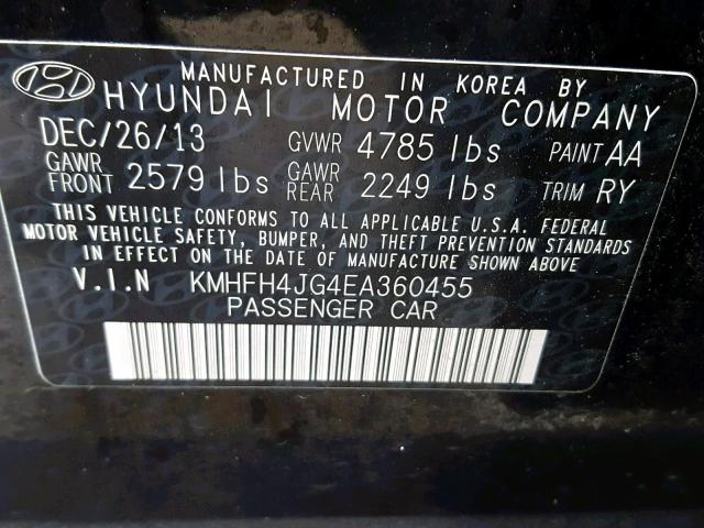 KMHFH4JG4EA360455 - 2014 HYUNDAI AZERA GLS BLACK photo 10