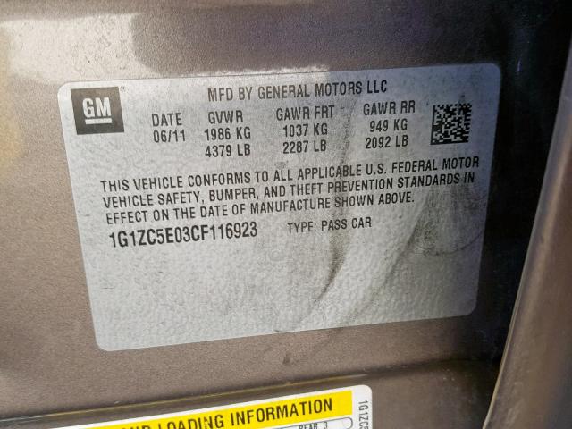 1G1ZC5E03CF116923 - 2012 CHEVROLET MALIBU 1LT GRAY photo 10