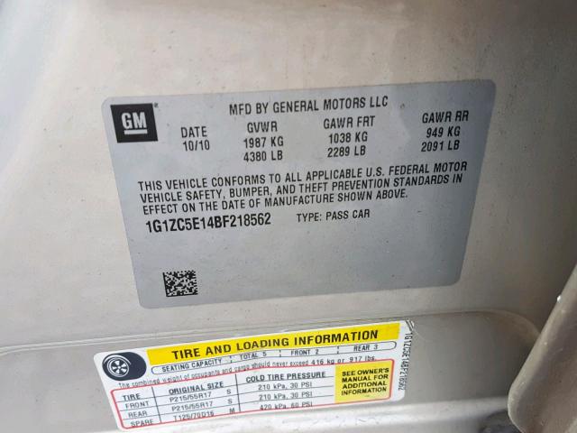 1G1ZC5E14BF218562 - 2011 CHEVROLET MALIBU 1LT BEIGE photo 10