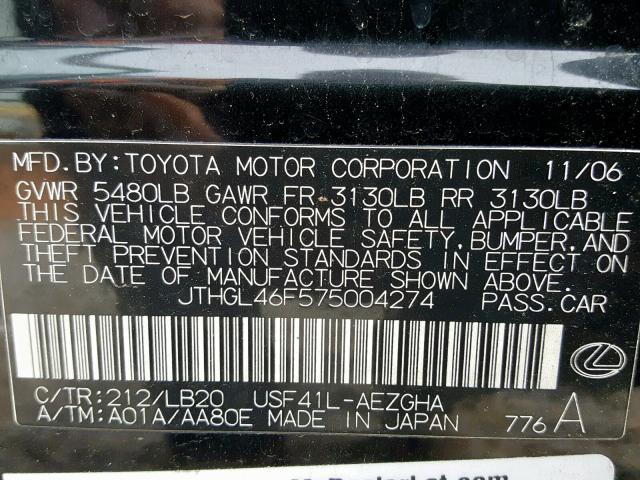 JTHGL46F575004274 - 2007 LEXUS LS 460L BLACK photo 10