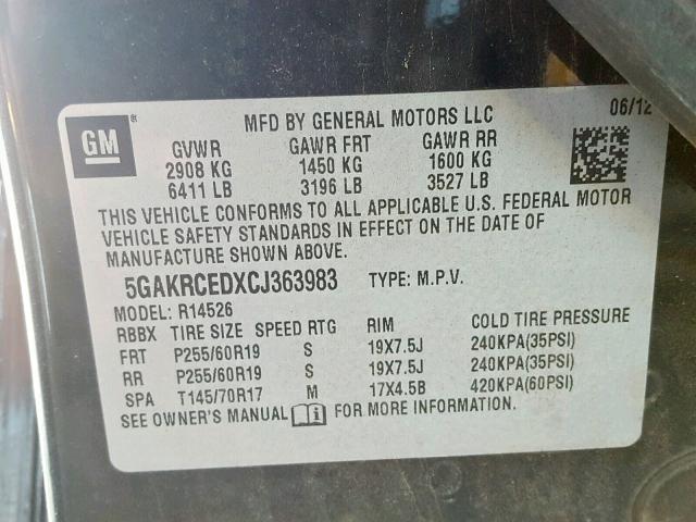 5GAKRCEDXCJ363983 - 2012 BUICK ENCLAVE BLACK photo 10