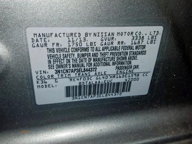 3N1CN7AP3EL844372 - 2014 NISSAN VERSA S SILVER photo 10