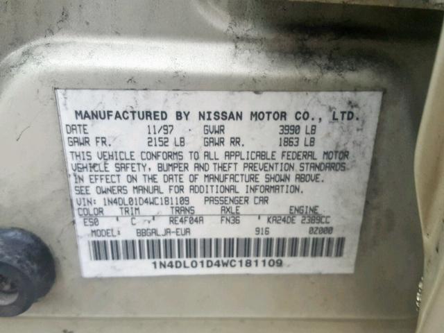 1N4DL01D4WC181109 - 1998 NISSAN ALTIMA XE GOLD photo 10