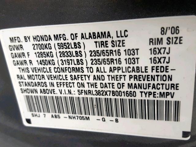 5FNRL382X7B001660 - 2007 HONDA ODYSSEY LX GRAY photo 10