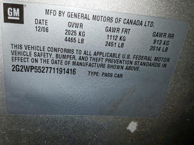 2G2WP552771191416 - 2007 PONTIAC GRAND PRIX SILVER photo 10