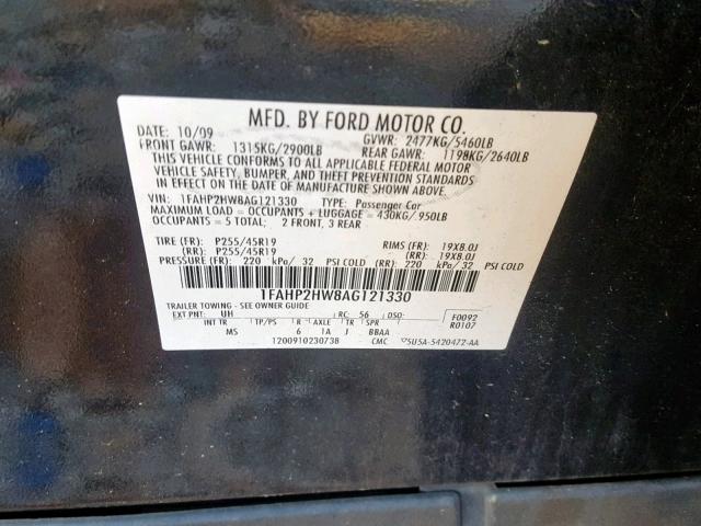 1FAHP2HW8AG121330 - 2010 FORD TAURUS SEL BLACK photo 10