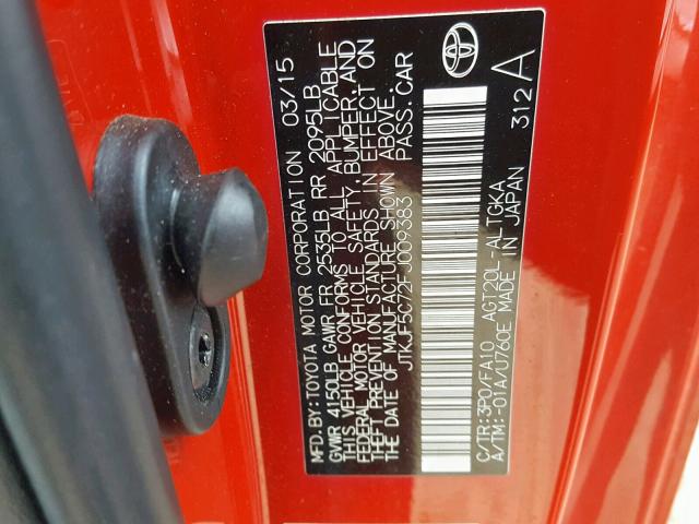 JTKJF5C72FJ009383 - 2015 TOYOTA SCION TC Qırmızı foto 10