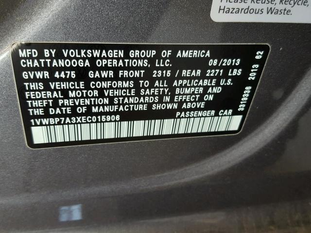 1VWBP7A3XEC015906 - 2014 VOLKSWAGEN PASSAT SE GRAY photo 10