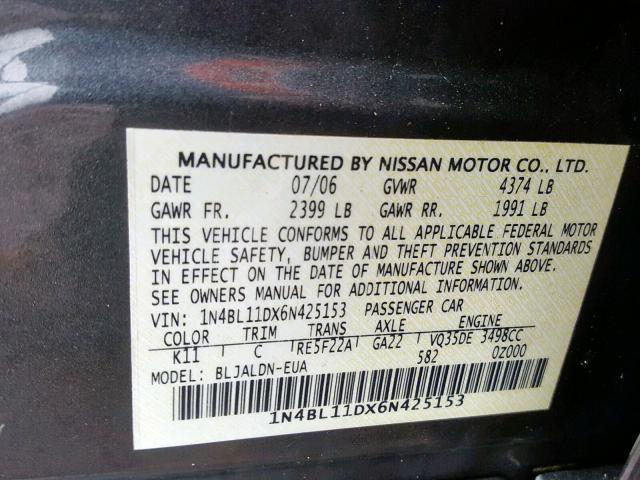 1N4BL11DX6N425153 - 2006 NISSAN ALTIMA SE GRAY photo 10