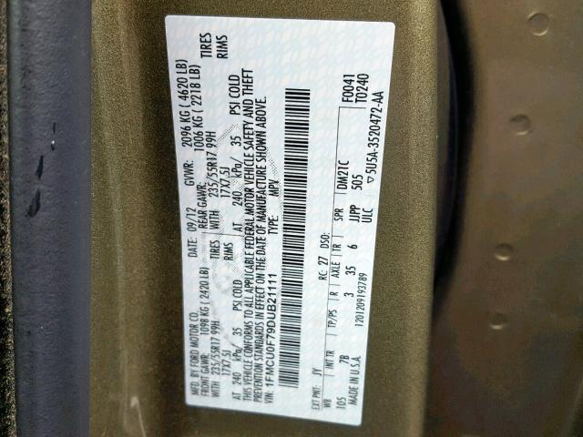 1FMCU0F79DUB21111 - 2013 FORD ESCAPE S GREEN photo 10