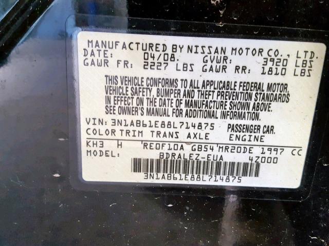 3N1AB61E88L714875 - 2008 NISSAN SENTRA 2.0 BLACK photo 10