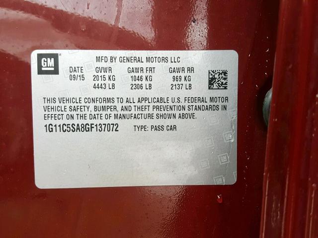 1G11C5SA8GF137072 - 2016 CHEVROLET MALIBU LIM 勃艮第红 照片 10