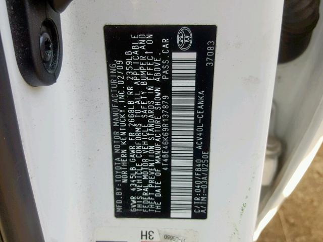 4T4BE46K69R137879 - 2009 TOYOTA CAMRY BASE 白色 照片 10