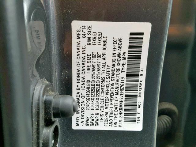 2HKRM4H77EH676119 - 2014 HONDA CR-V EXL GRAY photo 10