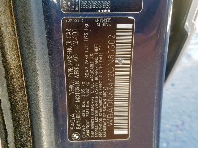 WBADN63442GN85502 - 2002 BMW 540 I AUTO GRAY photo 10