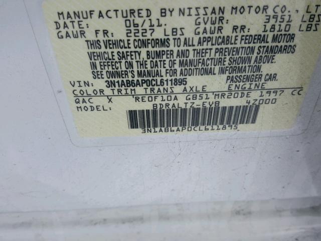 3N1AB6AP0CL611895 - 2012 NISSAN SENTRA 2.0 WHITE photo 10