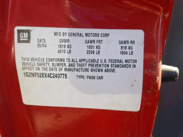 1G2NF52EX4C249778 - 2004 PONTIAC GRAND AM S RED photo 10