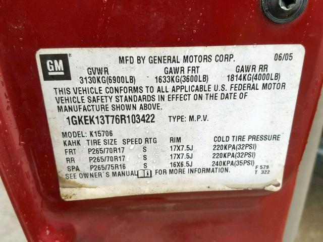 1GKEK13T76R103422 - 2006 GMC YUKON BURGUNDY photo 10