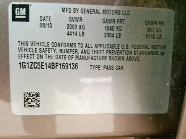 1G1ZC5E14BF169136 - 2011 CHEVROLET MALIBU 1LT 米色 照片 10