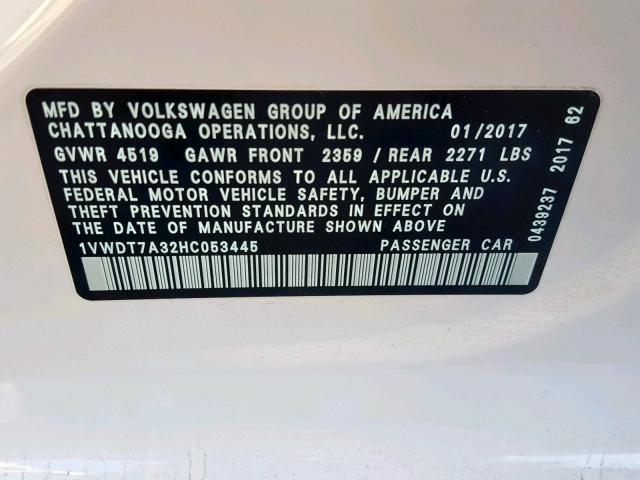 1VWDT7A32HC053445 - 2017 VOLKSWAGEN PASSAT R-L WHITE photo 10