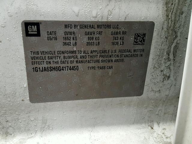 1G1JA6SH6G4174450 - 2016 CHEVROLET SONIC LS 白色 照片 10