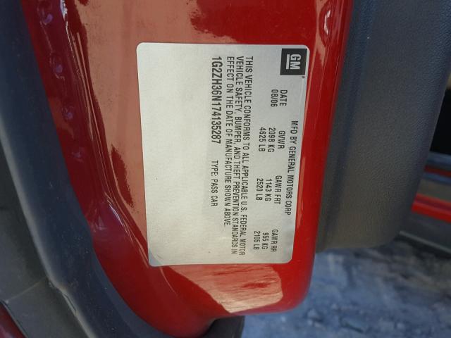 1G2ZH36N174135287 - 2007 PONTIAC G6 GT RED photo 10