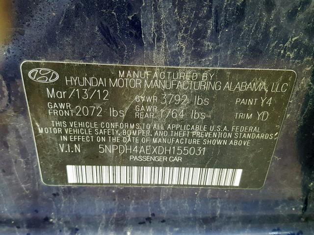 5NPDH4AEXDH155031 - 2013 HYUNDAI ELANTRA GL BLUE photo 10