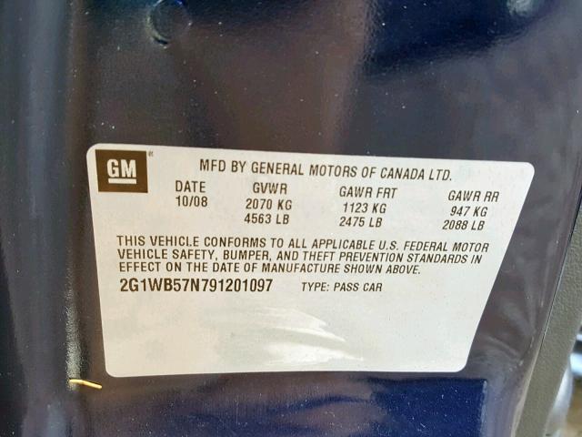 2G1WB57N791201097 - 2009 CHEVROLET IMPALA LS BLUE photo 10