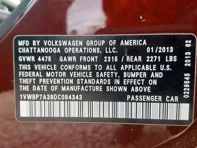 1VWBP7A39DC084343 - 2013 VOLKSWAGEN PASSAT SE MAROON photo 10