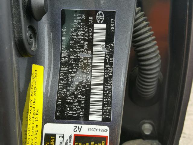 4T1BK3DBXCU467130 - 2012 TOYOTA AVALON BAS GRAY photo 10