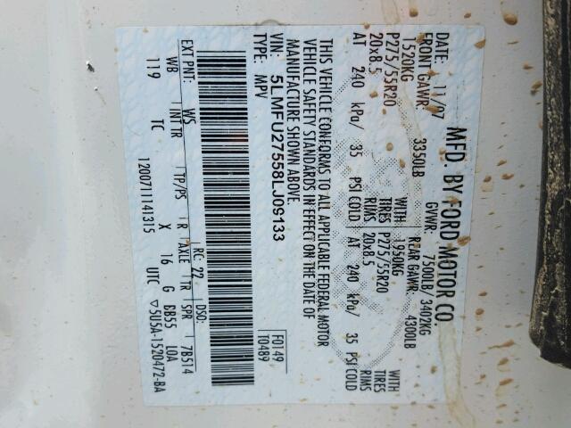 5LMFU27558LJ09133 - 2008 LINCOLN NAVIGATOR Blanc photo 10