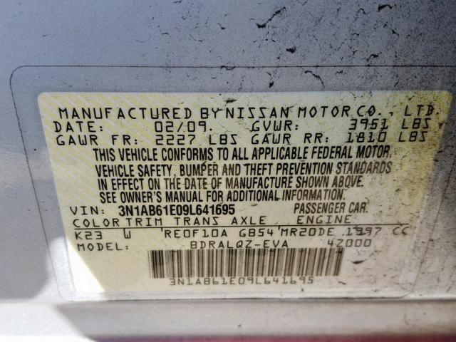 3N1AB61E09L641695 - 2009 NISSAN SENTRA 2.0 SILVER photo 10