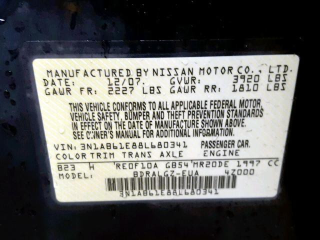 3N1AB61E88L680341 - 2008 NISSAN SENTRA 2.0 BLUE photo 10