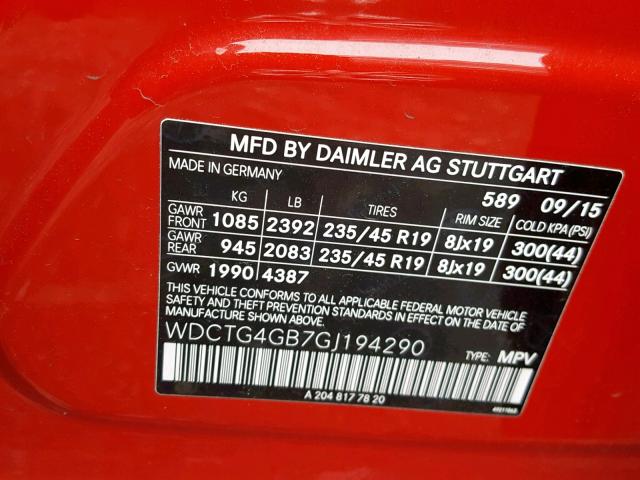 WDCTG4GB7GJ194290 - 2016 MERCEDES-BENZ GLA 250 4M RED photo 10