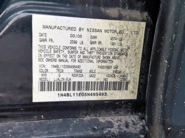 1N4BL11E05N495493 - 2005 NISSAN ALTIMA SE BLACK photo 10