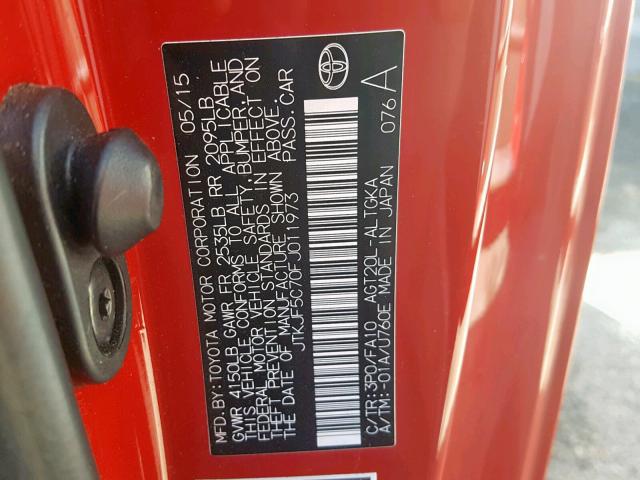 JTKJF5C70FJ011973 - 2015 TOYOTA SCION TC 红色 照片 10