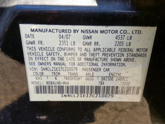 1N4CL21E17C210079 - 2007 NISSAN ALTIMA HYB BLACK photo 10