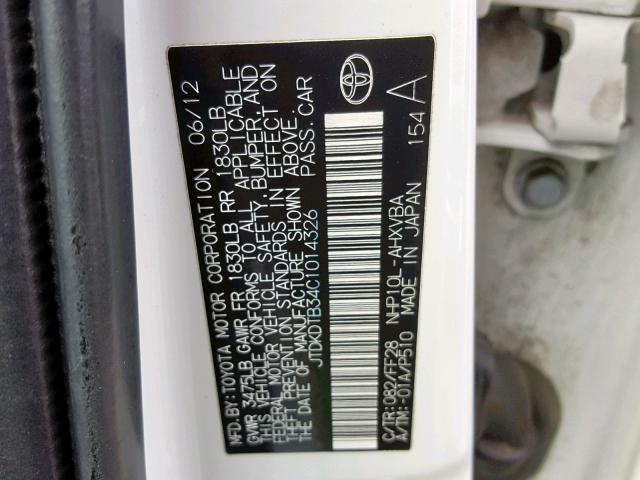 JTDKDTB34C1014326 - 2012 TOYOTA PRIUS C WHITE photo 10