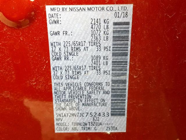 5N1AT2MV7JC752433 - 2018 NISSAN ROGUE SV RED photo 10